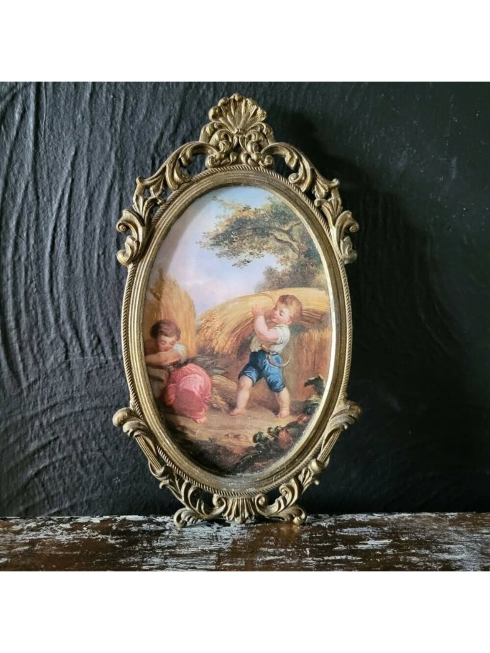 Vintage Victorian Style Metal Frame Children in Hay Field Picture Made in Italy